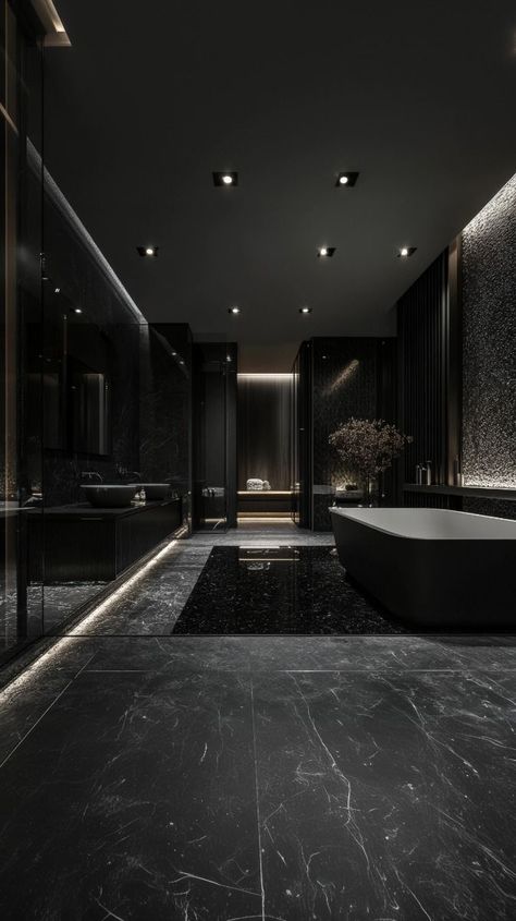 Modern Penthouse Luxury Bathroom, Black House Interior Design Bathroom, Dark Modern Home Interior, Luxury Dark Bathroom Ideas, Dream Life Dark Aesthetic, Modern House Interior Black, Black Marble Floor Bathroom, Dark Aesthetic House Interiors, Dark Spa Bathroom