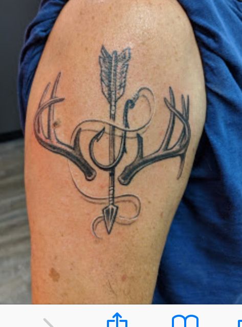 Deer hunting, archery and Fishing.  My favorite hobbies incorporated in a Tattoo that I designed. You are welcome to use or copy. Hunting Tattoo Ideas, Bow Hunting Tattoos, Archery Tattoo, Antler Tattoos, Deer Skull Tattoos, Deer Tattoo Designs, Hook Tattoos, Hunter Tattoo, Hunting Tattoos