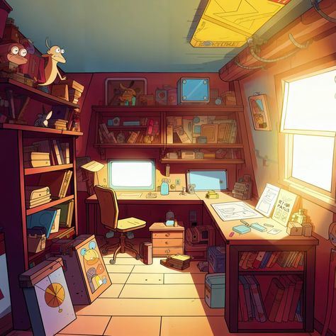 The image is a cartoon illustration of a cluttered home office. There are bookshelves on all the walls, a desk in the center of the room, and a window on the right side of the room. On the desk is a computer, a lamp, and some papers. There is a chair behind the desk and a rug on the floor. The room is messy, with books, papers, and other objects scattered everywhere. There is a creature sitting on top of one of the bookshelves and another creature on the floor behind the chair. Fantasy Study Room Art, Desk Illustration, Desk Illustration Drawing, Imaginary Room Illustration, Messy Desk Illustration, Desk Artwork, Desk Lamp Illustration, Computer Desk Illustration, Artist Desk