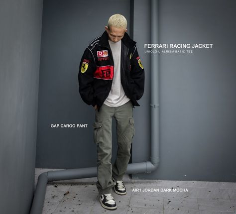 Ferrari Jacket Outfit Man, Air Jordan Dark Mocha, Racing Jacket Outfit Men, Ferrari Jacket Outfit, Ferrari Racing Jacket, Racer Jacket Outfit, Racing Jacket Outfit, Military Man, Ferrari Jacket