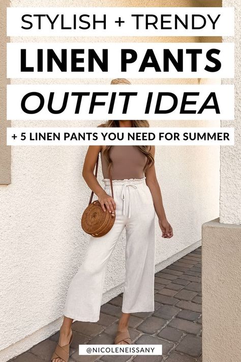 Linen pants outfit idea for womens summer outfits and beach looks Resort Casual Attire Women, Beige Linen Pants Outfit, Women Summer Outfit Ideas, Casual Outfits For Women Summer, Chill Summer Outfit, Trendy Beach Outfits, Beige Linen Pants, Resort Casual, Linen Pants Outfit