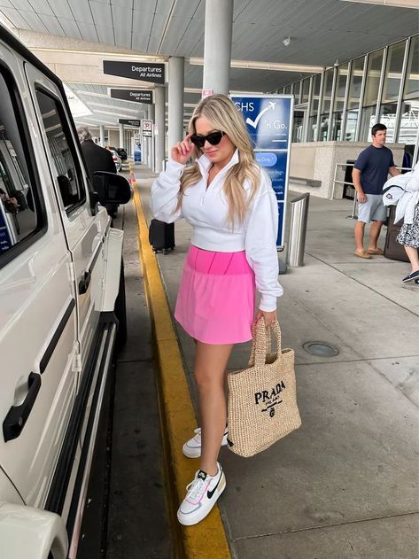 Airport travel style Wearing size small in pullover and medium skirt - on sale! #LTKtravel#LTKunder50#LTKshoecrush Airport Travel Style, Travel Style Airport, Pink Tennis Skirt, Airport Travel Outfits, Medium Skirt, Airport Travel, Offline By Aerie, Athletic Skirt, Travel Outfit Summer