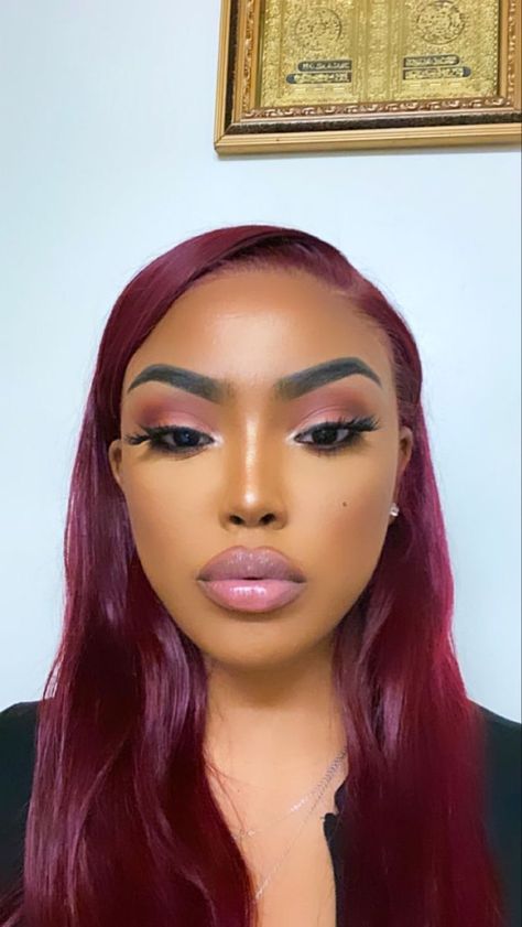 Burgundy Makeup Look, Queen Sugar, Red Hair Makeup, Burgundy Makeup, Birthday Makeup Looks, Prom Eye Makeup, Wine Hair, Curls For The Girls, Prom Makeup Looks