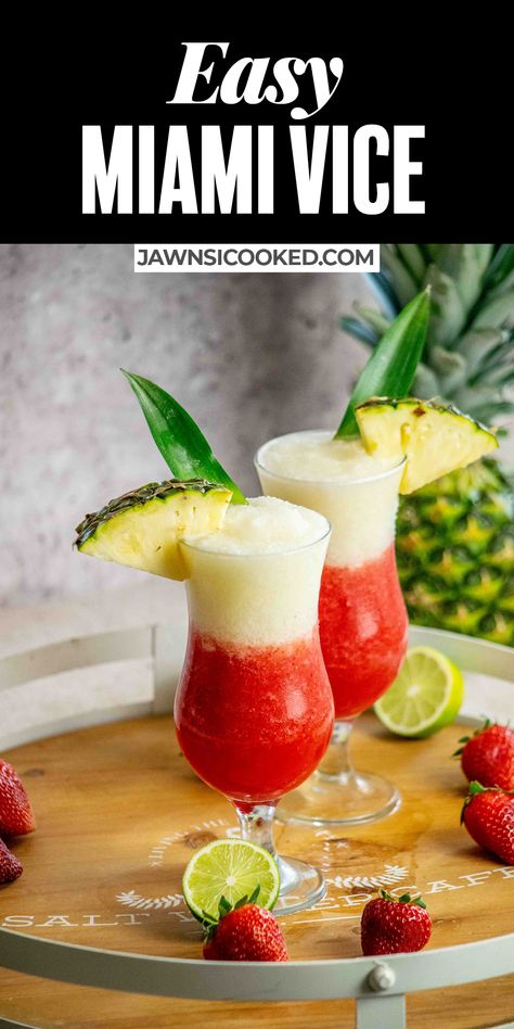 This easy Miami Vice recipe is an easy frozen drink, which combines 2 delicious cocktails (Strawberry Daiquiri and Pina Colada) into the perfect summer cocktail! Miami Vice Recipe, Strawberry Pina Colada Recipe, Miami Vice Drink, Frozen Daiquiri Recipe, Cocktails Strawberry, Strawberry Daiquiri Recipe, Frozen Pina Colada, Frozen Daiquiri, Daiquiri Recipe