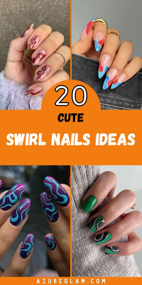 Discover stunning 20 swirl nail designs for 2024, featuring a range from subtle pastels to bold neon swirls. Embrace pink and white combinations for a classic look or opt for blue and green for a refreshing style. Short nails are perfect for a simple yet chic design, while almond and square shapes add versatility. Experiment with red, black, and silver swirls for a striking effect. Short Nails Swirl, Nails Swirl Design, Swirl Nail Designs, Nails Swirl, Swirl Nail, Nails 2024, Fall Nails, Metallic Accents, Nail Trends