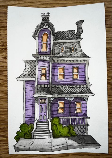 Victorian House Painting Art, Spooky House Painting, Spooky Watercolor Art, Halloween House Drawing, Spooky House Drawing, Haunted House Watercolor, Horror Watercolor, Haunted House Painting, Halloween Bujo