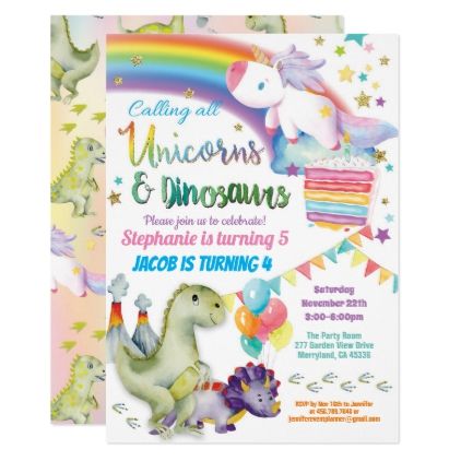 Shared Birthday Parties, Dinosaurs Birthday Party, Double Birthday Parties, Sibling Birthday Parties, Combined Birthday Parties, Dinosaurs Birthday, Twin Birthday Parties, Rainbow Birthday Invitations, Dinosaur Birthday Invitations