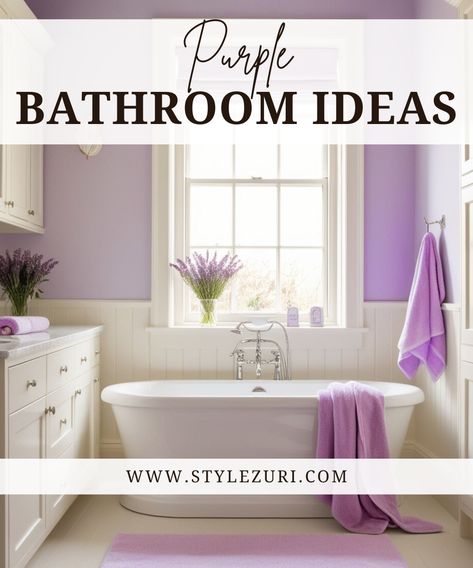 39 Gorgeous Purple Bathroom Ideas to Elevate Your Space - Style Zuri Violet Bathroom Ideas, Lavender Bathroom Walls, Purple And Grey Bathroom Ideas, Purple And Gray Bathroom, Lavender Bathroom Ideas, Purple Bathroom Ideas, Lavender Tile, Lilac Bathroom, Lilac Walls