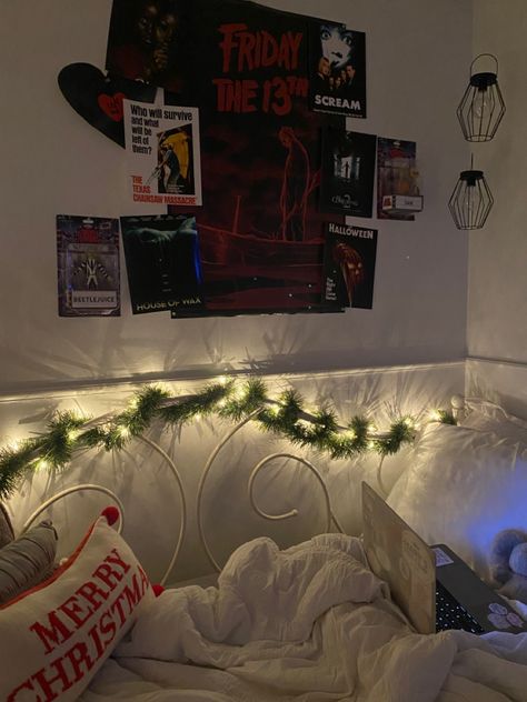 my poster wall is my favorite part of my bedroom #cozy #horrorwall #horrorposters #christmasdecor #obsessed #ilovemyroom Horror Poster Wall Bedroom, Horror Movies Room Decor, Horror Movie Bedroom, Horror Movie Room Decor, Horror Movie Room, Beetlejuice House, Movie Bedroom, Horror Room, Posters On Wall Bedroom