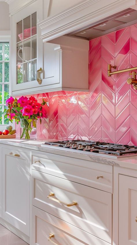 Are you dreaming of a kitchen that's not only functional but also embodies a whimsical, charming aesthetic? Look no further than the color pink! Perfect for Kitchen With Pink Fridge, Pink Wall Kitchen, Pink Whimsical Aesthetic, Girly House Aesthetic, Kitchen With Pink Accents, Pink Tiles Kitchen, Pink Aesthetic House, Pink Tile Kitchen, Pink Backsplash Kitchen