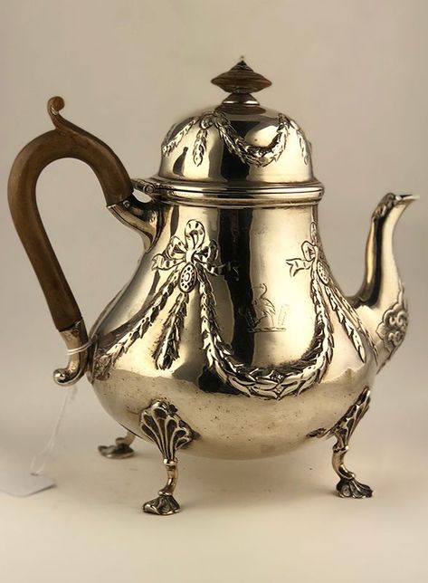 Victorian Objects, Victorian Core, Teapot Antique, Victorian Teapots, Vintage Tea Pot, Henry Holland, Ribbon Decoration, Silver Teapot, Vintage Teapot