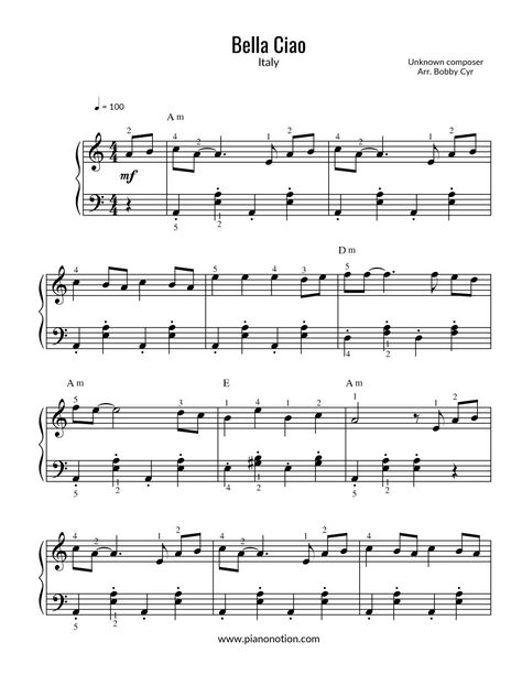 Learn how to play the piano with beautiful melodies from around the world Bella Ciao - Casa de Papel - Free Piano Sheet Music Page 1 Floor Piano, Hall Of The Mountain King, Piano Sheet Music Beginners, Accordion Sheet Music, Popular Piano Sheet Music, Piano Songs Sheet Music, Free Printable Sheet Music, Easy Sheet Music, Free Piano Sheets