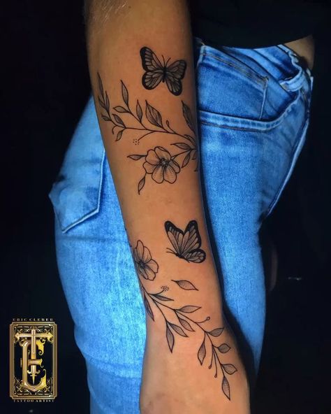 Tattoo Cover Up Forearm Women, Important Tattoo Ideas, Butterfly Half Sleeve Tattoo For Women, Feminine Lower Arm Tattoo, Butterfly Flower Sleeve Tattoo, Vine Going Up Arm Tattoo, Cute Small Arm Tattoos For Women, Butterfly On A Flower Tattoo, Flowers Around Words Tattoo