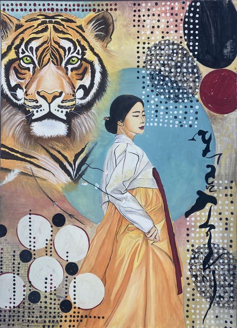 Painted by using mixed media with collage modern art ... the tiger symbolizes korean culture as well as the traditional hanbok that distinguish the Korean culture #TalkTalkKorea2023, #TalkTalkKorea, #TalkTalkKoreaContest Korean Illustration, Korean Painting, Tiger Illustration, Korean Culture, Traditional Korean, Korean Art, Korean Traditional, Beauty Tattoos, The Tiger