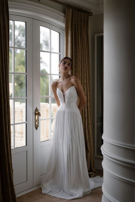 Hailey Wedding Gown | Hera Couture Greek Goddess Wedding Dress, Pleated Wedding Dresses, Ruched Wedding Dress, Hera Couture, Simple Veil, Simple Wedding Gowns, Flower Installation, Couture Wedding Gowns, Custom Wedding Dress