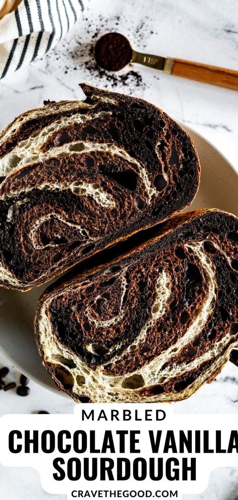 This Chocolate Vanilla Swirl sourdough bread is expertly marbled with vanilla, cocoa, and black cocoa doughs, each adding its own distinctive touch to the loaf. The swirled, three-tone slices are visually stunning and full of flavor, thanks to the fermentation process. Every bite reveals aromatic chocolate hints within a soft, airy texture. Sourdough Bread Chocolate, Marble Sourdough Bread, Flavored Sourdough Bread Recipes, Sourdough Bread Flavors, Flavored Sourdough Bread, Loaf Ideas, Chocolate Sourdough, Black Bread, Beautiful Bread