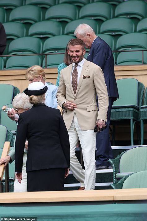 Tired David Beckham struggles to keep his eyes open as he joins mum Sandra at Wimbledon | Daily Mail Online David Beckham Wimbledon, Beckham Suit, David Beckham Suit, Daria Kasatkina, Mens Scarf Fashion, Green Suit Men, Heather Watson, Katie Boulter, Elizabeth Mcgovern