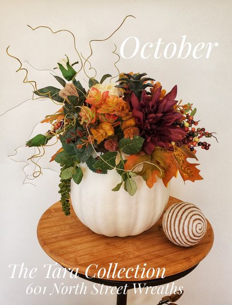 White Pumpkin Fall Arrangement White Pumpkin Arrangements, White Pumpkin Flower Arrangements, Cotton Bouquet, Fall Pumpkin Centerpieces, Pumpkin Vase, White Flower Arrangements, Pumpkin Arrangements, Pumpkin Wedding, Fall Vignettes