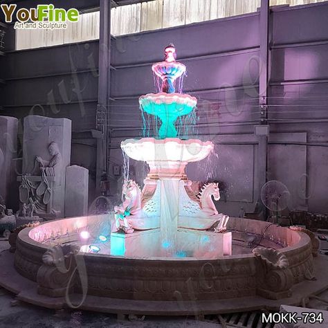 Best Outdoor White Marble Horse Fountain with Lights from Factory MOKK-734-You Fine Sculpture Cute Fountain, Horse Fountain, Marble Fountain, Fountain Lights, Water Fountains Outdoor, Colorful Lights, Horse Sculpture, Water Fountain, Leaf Shapes