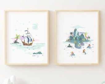 Mermaid nursery decor | Etsy Peter Pan Decor, Disney Baby Nurseries, Mermaid Nursery Decor, Neverland Nursery, Peter Pan Art, Peter Pan Nursery, Mermaid Nursery, Disney Nursery, Mermaid Lagoon