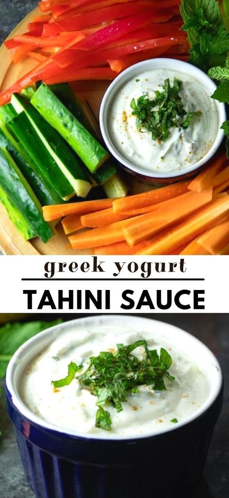 This Greek Yogurt Tahini Sauce is a fast, easy, and healthy dipping sauce…a perfect addition to a Crudité platter for your next get-together. Healthy Dipping Sauce, Yogurt Tahini Sauce, Tahini Dip, Greek Yogurt Sauce, Yoghurt Dip, Make Greek Yogurt, Crudite Platter, Greek Yogurt Recipes, Eat Pretty