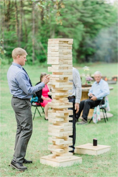 Backyard Boho Wedding, Untraditional Wedding Dress, Casual Wedding Reception, Backyard Boho, Conway New Hampshire, Giant Jenga, Wedding Backyard Reception, Backyard Reception, Romantic Outdoor Wedding