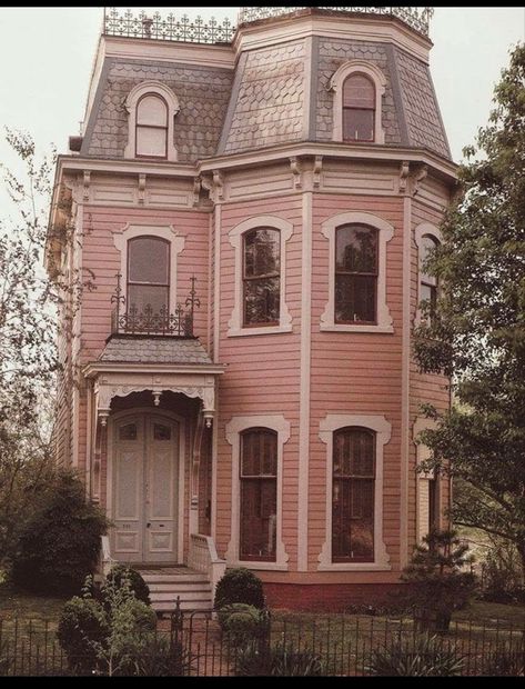 exterior of two story dusty pink victorian home Pink Victorian House, Victorian Village, Pink Victorian, Victorian Style Homes, Mansard Roof, Casas The Sims 4, Old Pink, Casas Coloniales, This Old House