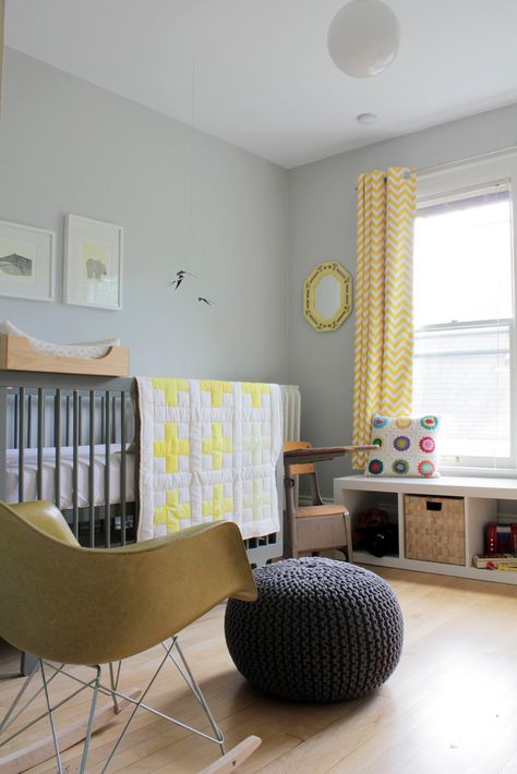 Contemporary Baby Nursery, Budget Nursery, Baby Nursery Design, Yellow Nursery, Trendy Baby Nursery, Nursery Modern, Nursery Curtains, Grey Nursery