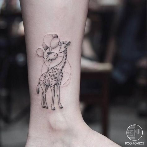 Giraffe and Balloons on Ankle by poonkaros Outline Giraffe Tattoo, Dainty Giraffe Tattoo, Small Tattoos Giraffe, Baby Giraffe Tattoo, Giraffe Wrist Tattoo, Black And Grey Giraffe Tattoo, Small Giraffe Tattoo, Animal Tattoos For Men, Unique Tattoos For Women