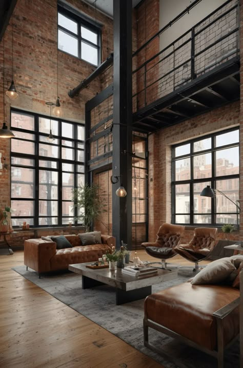 Industrial Loft Office Design, Industrial Home Library, Soho Loft Apartment, Old Meets New Interior Design, Brick Building Interior, Warehouse Workspace, Modern Warehouse Design, Industrial Lobby, Cleveland Architecture