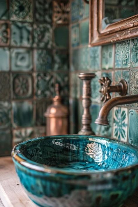 Unique Steampunk Bathroom Ideas to Inspire You Steampunk Bathroom Ideas, Unique Bathroom Vanity Ideas, Steampunk Bathroom Decor, Blue Tiled Bathroom, Mediterranean Bathroom Ideas, Bathroom Tile Design Ideas, Steampunk Bathroom, Steampunk Interior, Tile Design Ideas