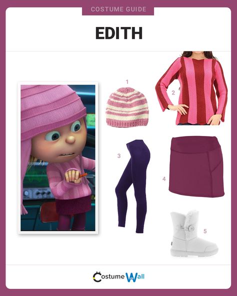 Get the cosplay look of Edith Gru, the spunky nine-year-old middle sister from the Despicable Me movies. Edith Despicable Me Costume, Gru Costume, Outfits Oc, Despicable Me Costume, Minion Costume, Movie Halloween Costumes, Cute Group Halloween Costumes, Halloween Costumes For Teens Girls, Costume Guide