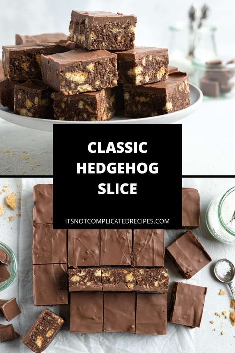 This Hedgehog Slice is the ideal no-bake chocolate dessert. It is quick to make and easily adapted to be gluten-free. Crushed biscuits, coconut and chocolate combine for one of the most simple yet delicious sweet treats! Hedgehog Slice, No Bake Slices, Chocolate Slice, Tray Bake Recipes, Digestive Biscuits, Slices Recipes, Chocolate Dessert, Baking With Kids, Entertaining Recipes