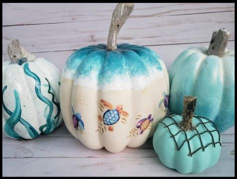 Beachy Painted Pumpkins, Beachy Pumpkin Painting Ideas, Ocean Pumpkin Painting, Nautical Pumpkins, Beach Pumpkins, Teal Fall Decor, Coastal Thanksgiving, Coastal Halloween, Coastal Pumpkins