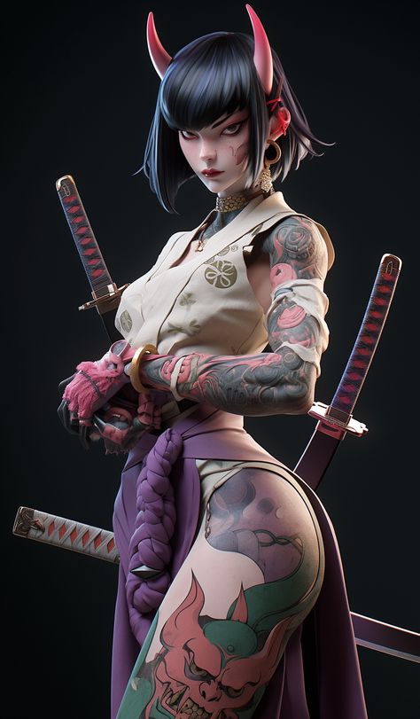 Oni Samurai Art, Female Oni Character Art, Oni Girl Art, Oni Female, Female Samurai Character Art, Oni Woman, Female Oni, Oni Girl, Art Guy