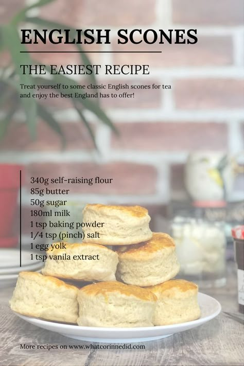 Make those delicious English scones at home and have the best treat with your afternoon tea! Tea Party Biscuits Scone Recipes, British Tea Time Recipes, Authentic English Scones, Tea Scones Recipe Easy, Afternoon Tea Baking, English Scones Recipe Easy, Recipe For Scones Easy, English Tea Desserts, English Tea Scones