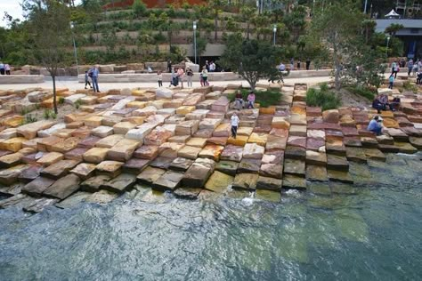 The foreshores of the reserve have been formed in a style that represents the natural formation known on the coast as “tessellated pavement.” Soil Science, Landscape Architecture Design, Urban Furniture, Parking Design, Urban Spaces, Landscape Projects, Urban Planning, Nature Landscape, Design Thinking