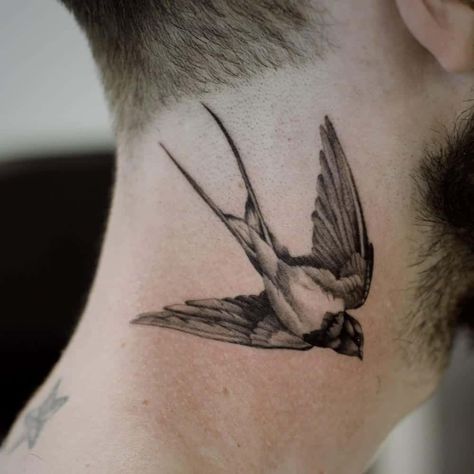 Swallow Tattoo Men, Bird Neck Tattoo, Golondrinas Tattoo, Kingfisher Tattoo, Neck Tattoo Ideas, Purple Tattoos, Sailor Tattoos, Sparrow Tattoo, Sailor Jerry Tattoos