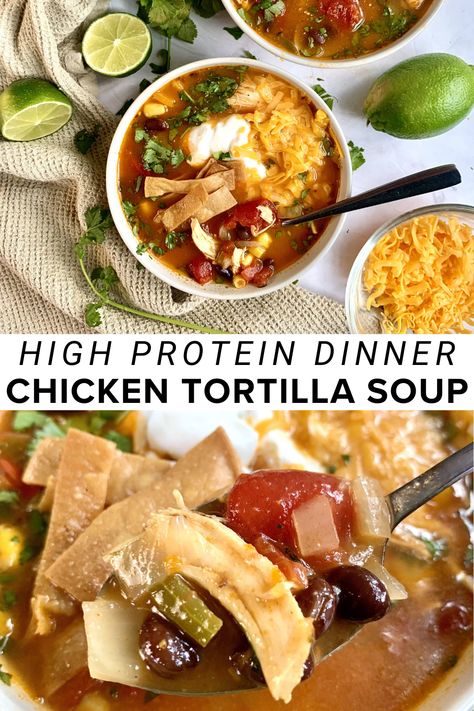 Enjoy in the rich and spicy flavours of Chicken Tortilla Soup. This fiesta in a bowl is the perfect comfort food for any occasion. Get ready for a taste explosion! 🍲🌶️ #SoupRecipe #ComfortFood # soupseason #soup #dinnerrecipe #healthydinner High Protein Chicken Tortilla Soup, Soup High Protein, Best Chicken Tortilla Soup, Chicken Tortilla Soup Crock Pot, Zesty Chicken, Chicken Tortillas Soups Recipe, High Protein Dinner, Chicken Veggies, Protein Dinner