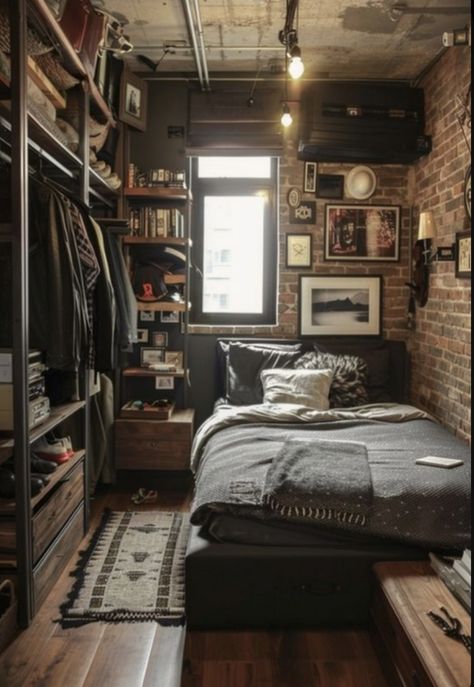 Cosy Mens Bedroom, Cozy Small Bedrooms Ideas, Small Rectangle Room Layout Bedrooms, Small Men’s Bedroom Ideas, Boho Masculine Bedroom, Small Room Ideas Minimalist, Vintage Bedroom Ideas For Men, Men Room Design Bedrooms, Small Bedroom Inspo Cozy