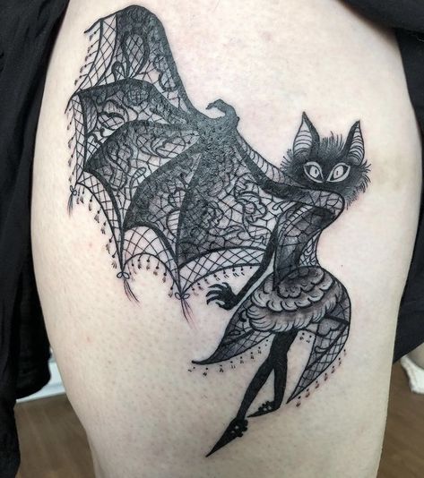 Cat tattoo lace winged cat or bat Bat Cat Tattoo Design, Bat Cat Tattoo, Tattoo Lace, Cat Tattoo Ideas, Winged Cat, Bat Cat, Bat Tattoo, Lace Tattoo, Cat Tattoo