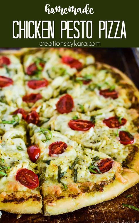 This homemade CHICKEN PESTO PIZZA is perfect for family pizza night! With chewy crust, basil pesto, chicken, mozzarella, and tomatoes, it tastes like a pizza from a fancy restaurant. A must try for pesto lovers! #pestopizza #pestochickenpizza @Creations by Kara Pesto Pita Pizza, Chicken Fajitas Pizza, Chicken Pizza Recipes Homemade, Pesto Pizza Toppings, Recipe With Tomatoes, Chicken Pesto Pizza, Pesto Pizza Recipe, Basil Pesto Chicken, Family Pizza Night