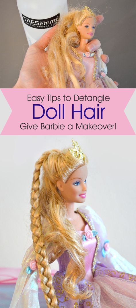 How to Detangle Doll Hair - Barbie Makeover Tips! - Create. Play. Travel. Baby Doll Hair Repair, How To Clean Barbie Dolls, How To Clean Barbie Hair, How To Detangle Barbie Doll Hair, Fix Barbie Doll Hair, How To Fix A Dolls Frizzy Hair, Barbie Doll Hair Repair, Fixing Barbie Hair, Fix Barbie Hair