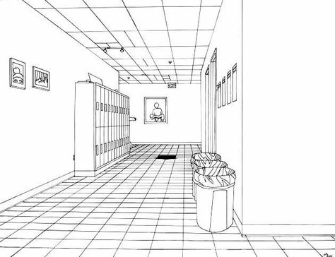 Locker room One Point Perspective Room, Simple Perspective, Linear Perspective Drawing, Perspective Room, Perspective Lessons, Linear Perspective, 1 Point Perspective, Perspective Drawings, Perspective Sketch