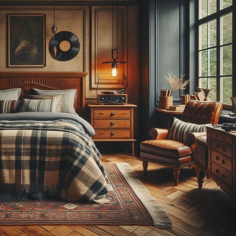 Masculine Bedroom Room Color Ideas For Men Masculine, Dark Wood Wall Bedroom, Cozy Bachelor Pad, Mens Eclectic Bedroom, Luxury Cabin Decor, Ski Chalet Bedroom Ideas, Vintage Bachelor Pad, Masculine Traditional Bedroom, Mens Loft Bedroom Ideas