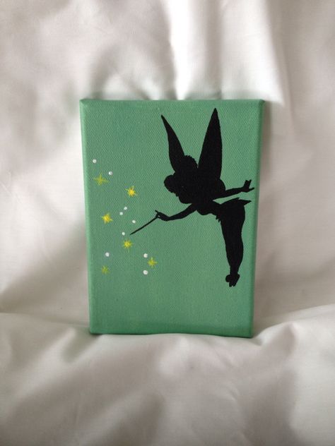 Disney Tinkerbell Silhouette Painting Acrylic on Canvas Easy Painting Ideas Disney, Simple Disney Paintings On Canvas, Disney Drawings On Canvas, Disney Painting Ideas Easy, Cute Disney Paintings On Canvas, Cute Painting Ideas On Canvas Easy Disney, Diy Disney Painting, Things To Paint Disney, Disney Paintings Ideas