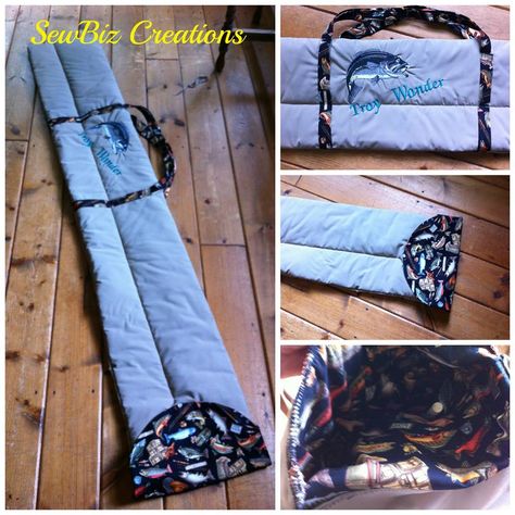 Fishing Rod Bags- these quilted soft rod bags are split to hold tip piece as well as rod/reel safely to protect the graphite tip.  Water resistant on the outside can be personalized.  Bag shown is 11x 56inches with fish patterned lining and strong canvas handles.  As shown $35.oo Visit my page to see more  www.facebook.com/MichellesSewbiz Fishing Pole Holder Diy, Diy Fishing Pole, Side Hussle, Fishing Rod Case, Fishing Pole Holder, Fishing Rod Bag, Fishing Bag, Fishing Backpack, Advanced Sewing