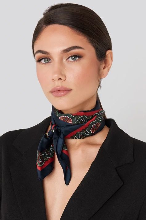 Blazer And Neck Scarf, Women’s Neck Scarf, Women Neck Scarf, Women Neck Scarf Outfit, Styling A Neck Scarf, Scarf On Neck Outfit, Neck Accessories Women, Silk Scarf Around Neck, Silk Neck Scarf Outfit