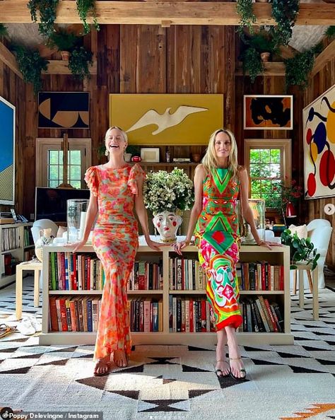 Stylish: She also shared another beautiful picture in a long orange flowery dress as she posed in a stunning reception room with a blonde pal Pink Bikinis, Lauren Santo Domingo, Flowery Dresses, Poppy Delevingne, Ruffle Maxi Dress, The Nines, Ruffled Maxi Dress, Floral Ruffle, Black And Pink