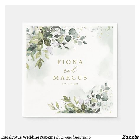 Cocktail Party Themes, Wedding Setup, Foliage Wedding, Green Eucalyptus, Church Graphic Design, Elegant Table Settings, Personalized Paper Napkins, Custom Napkins, Wedding Set Up